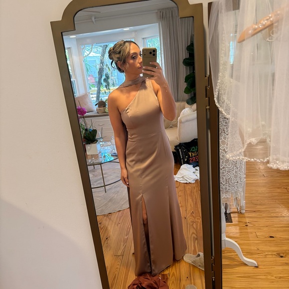 Matte Satin One-Shoulder A-Line Dress with Scarf - Picture 2 of 4